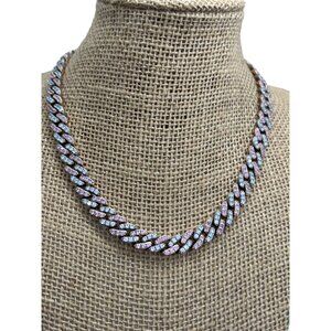 Rhinestone Cuban Link Chain Necklace Clear Pink Crystals Choker Collar 15" READ